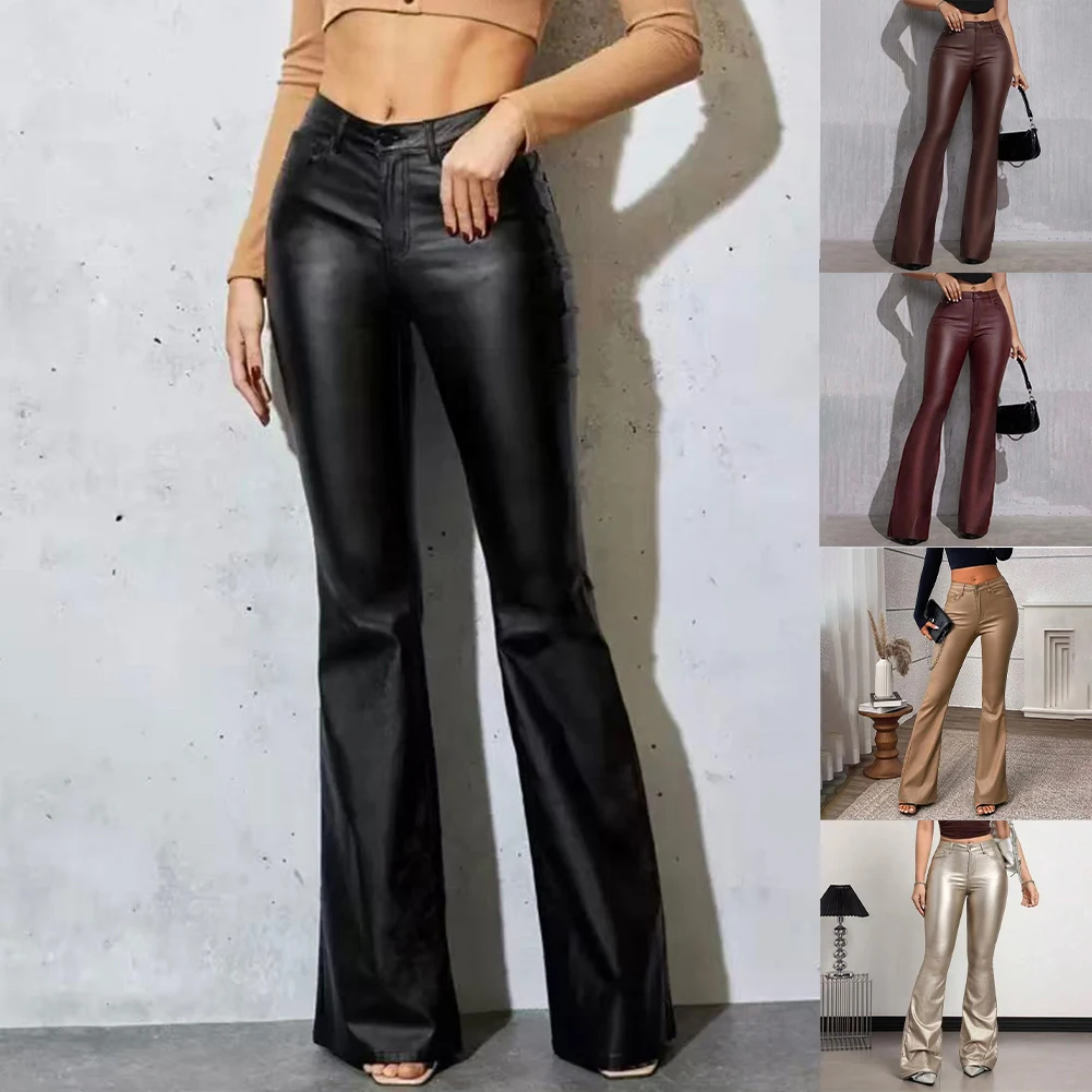 For Women For Night Out Y2K High Waist Leather Flared Pants Night Club Casual Outings Casual Wide Leg Leather Pants