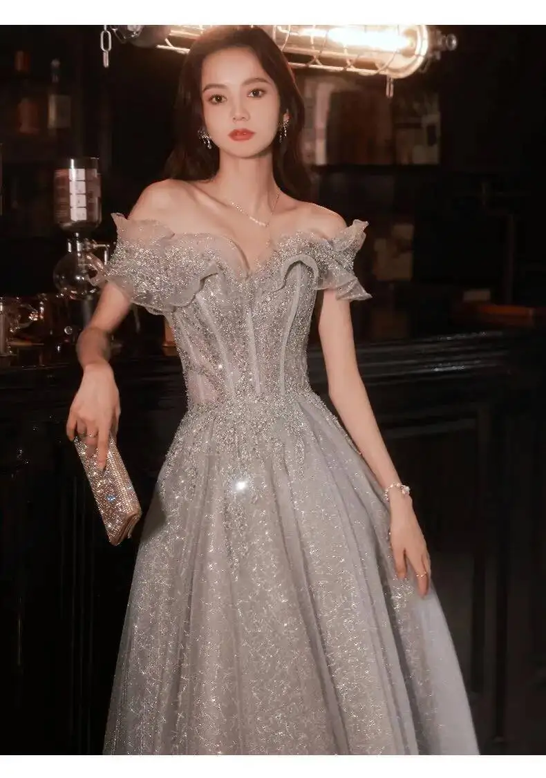 Fashion Gray Sequined Ruffles Strapless Dress Women's Slim Fit Big Swing Ankle-length Evening Dresses New E5HG