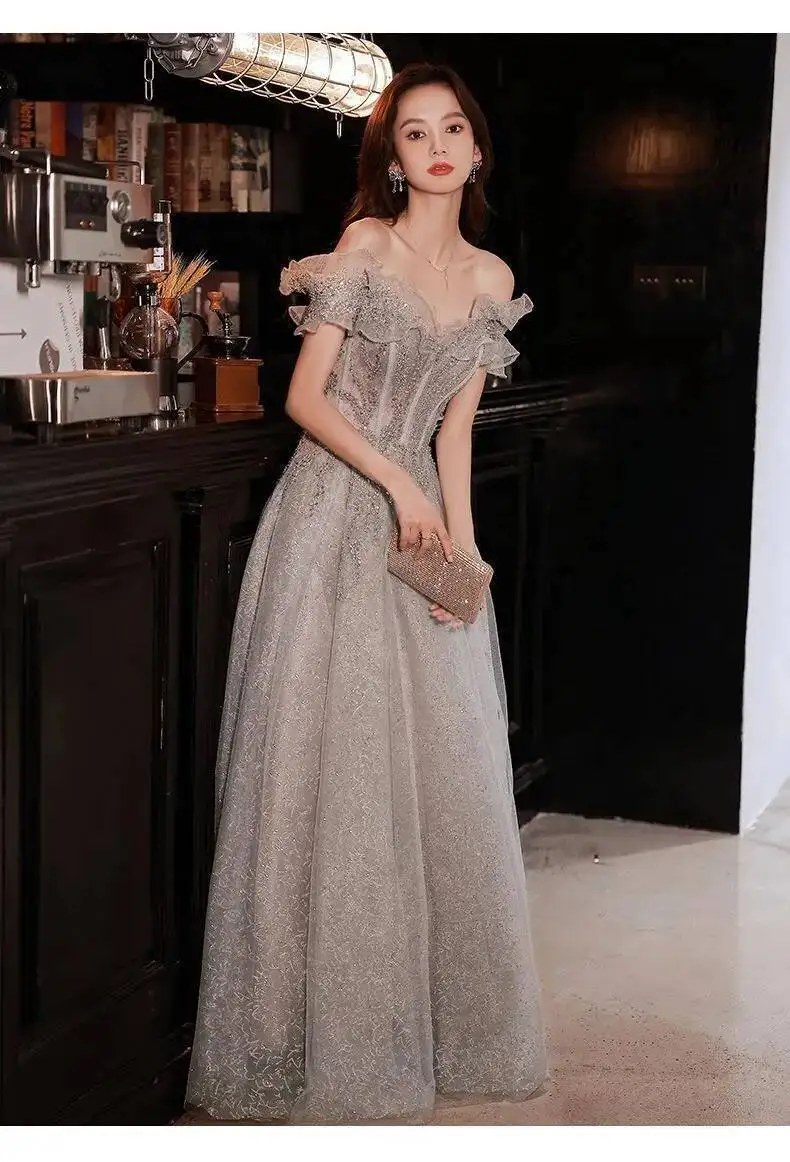 Fashion Gray Sequined Ruffles Strapless Dress Women's Slim Fit Big Swing Ankle-length Evening Dresses New E5HG