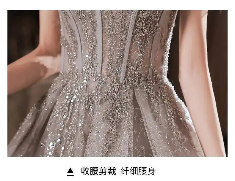 Fashion Gray Sequined Ruffles Strapless Dress Women's Slim Fit Big Swing Ankle-length Evening Dresses New E5HG