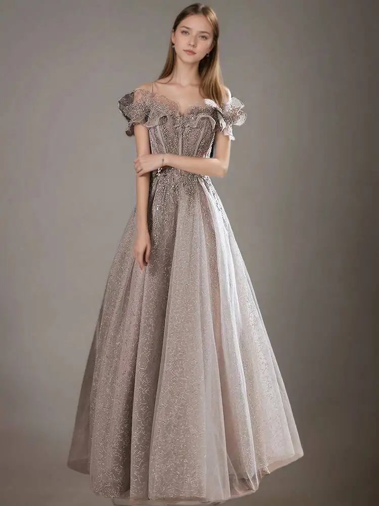 Fashion Gray Sequined Ruffles Strapless Dress Women's Slim Fit Big Swing Ankle-length Evening Dresses New E5HG
