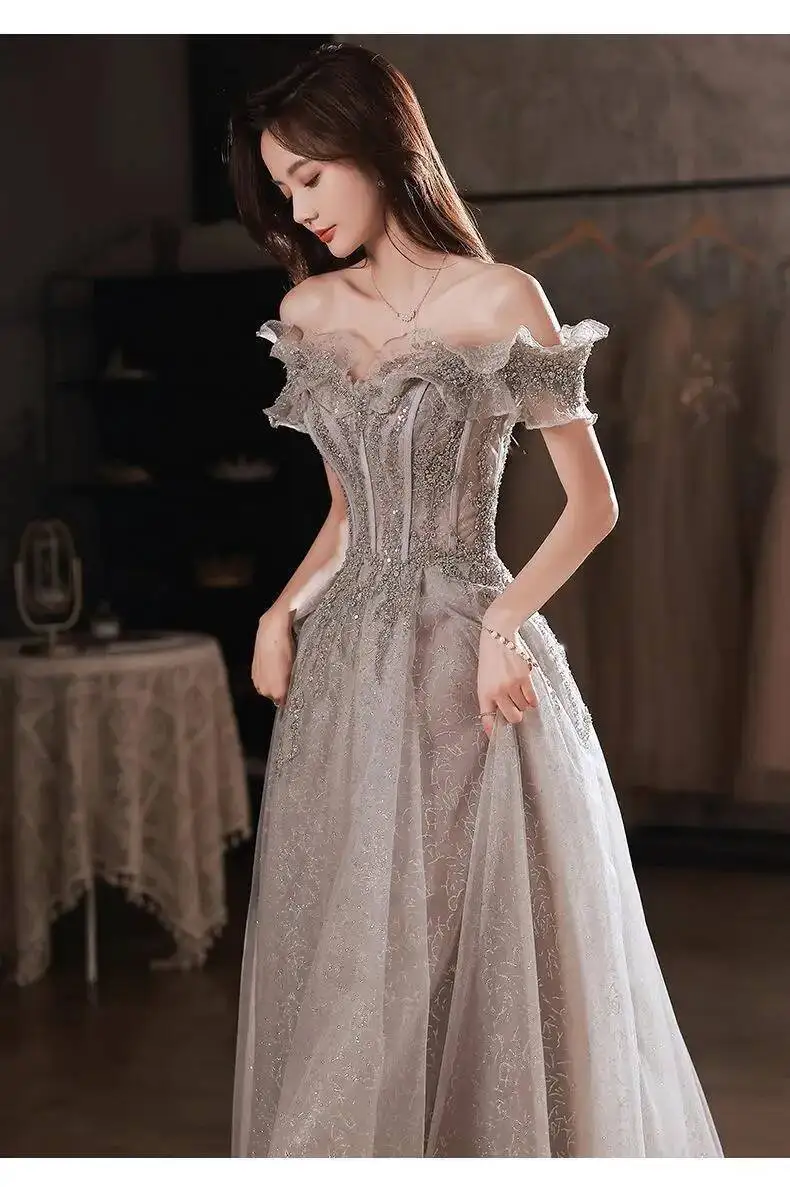 Fashion Gray Sequined Ruffles Strapless Dress Women's Slim Fit Big Swing Ankle-length Evening Dresses New E5HG