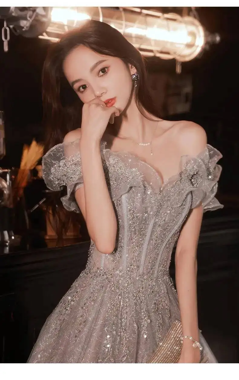 Fashion Gray Sequined Ruffles Strapless Dress Women's Slim Fit Big Swing Ankle-length Evening Dresses New E5HG