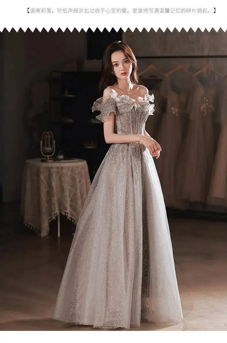 Fashion Gray Sequined Ruffles Strapless Dress Women's Slim Fit Big Swing Ankle-length Evening Dresses New E5HG