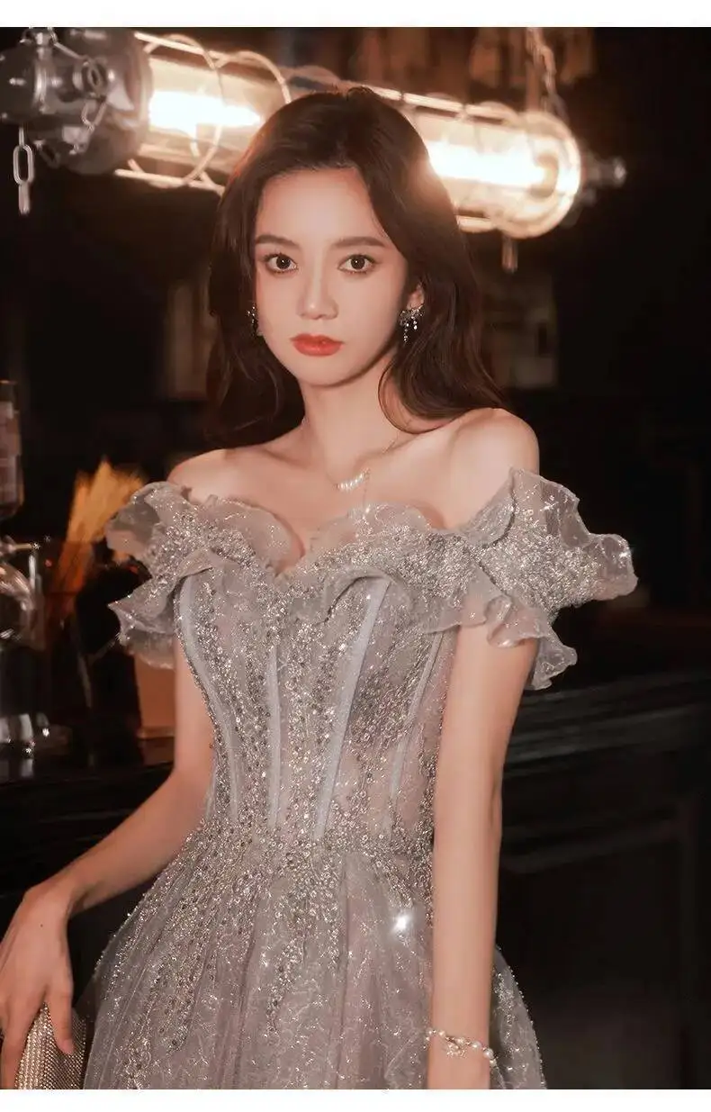 Fashion Gray Sequined Ruffles Strapless Dress Women's Slim Fit Big Swing Ankle-length Evening Dresses New E5HG