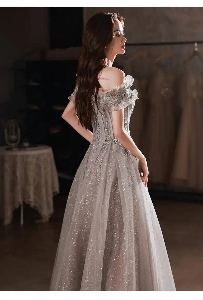 Fashion Gray Sequined Ruffles Strapless Dress Women's Slim Fit Big Swing Ankle-length Evening Dresses New E5HG