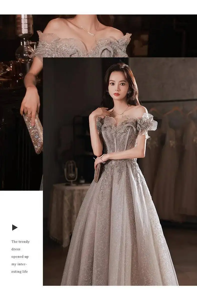 Fashion Gray Sequined Ruffles Strapless Dress Women's Slim Fit Big Swing Ankle-length Evening Dresses New E5HG