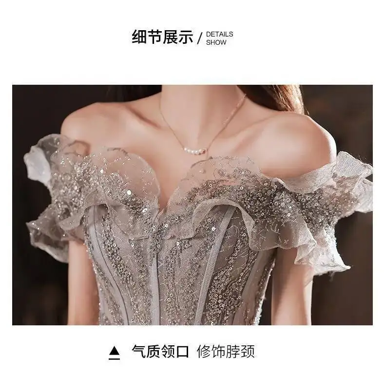 Fashion Gray Sequined Ruffles Strapless Dress Women's Slim Fit Big Swing Ankle-length Evening Dresses New E5HG