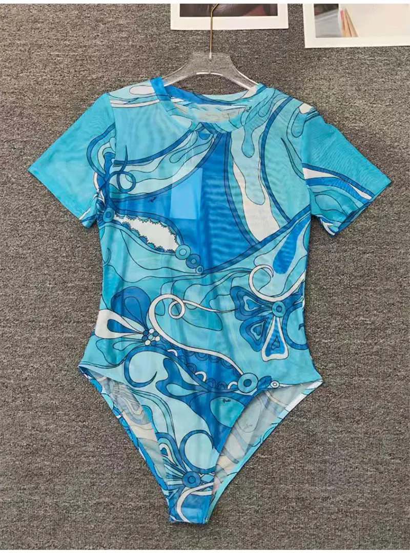 Retro Summer Women's New Short-Sleeved Slim Stretch Printed Jumpsuit Fashion Joker Tulle Perspective Gauze Temperament Top.