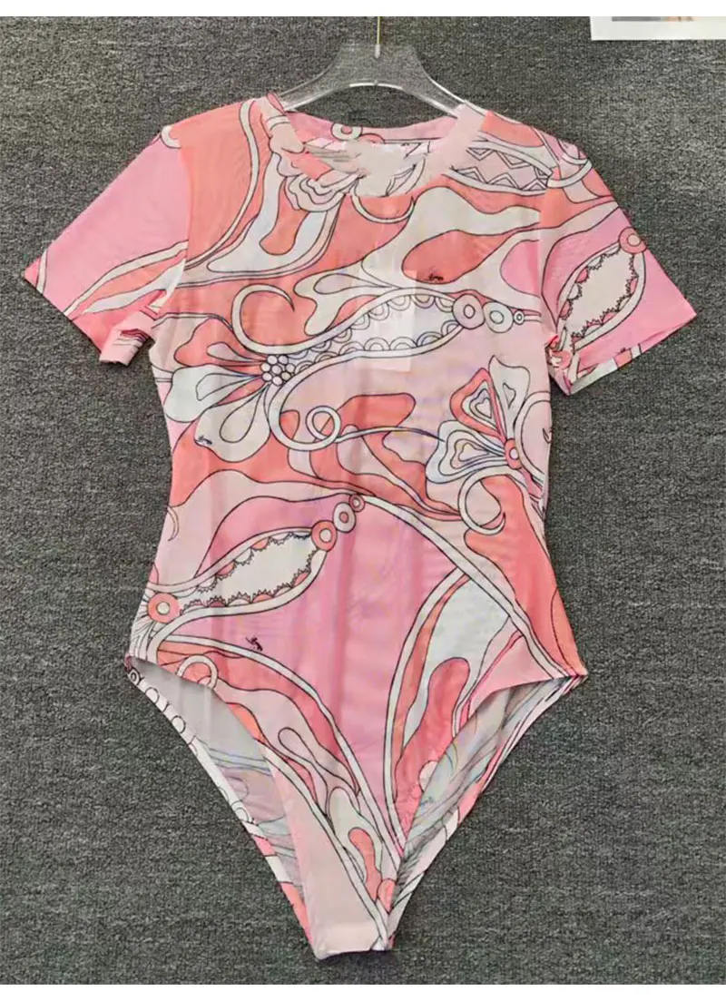 Retro Summer Women's New Short-Sleeved Slim Stretch Printed Jumpsuit Fashion Joker Tulle Perspective Gauze Temperament Top.