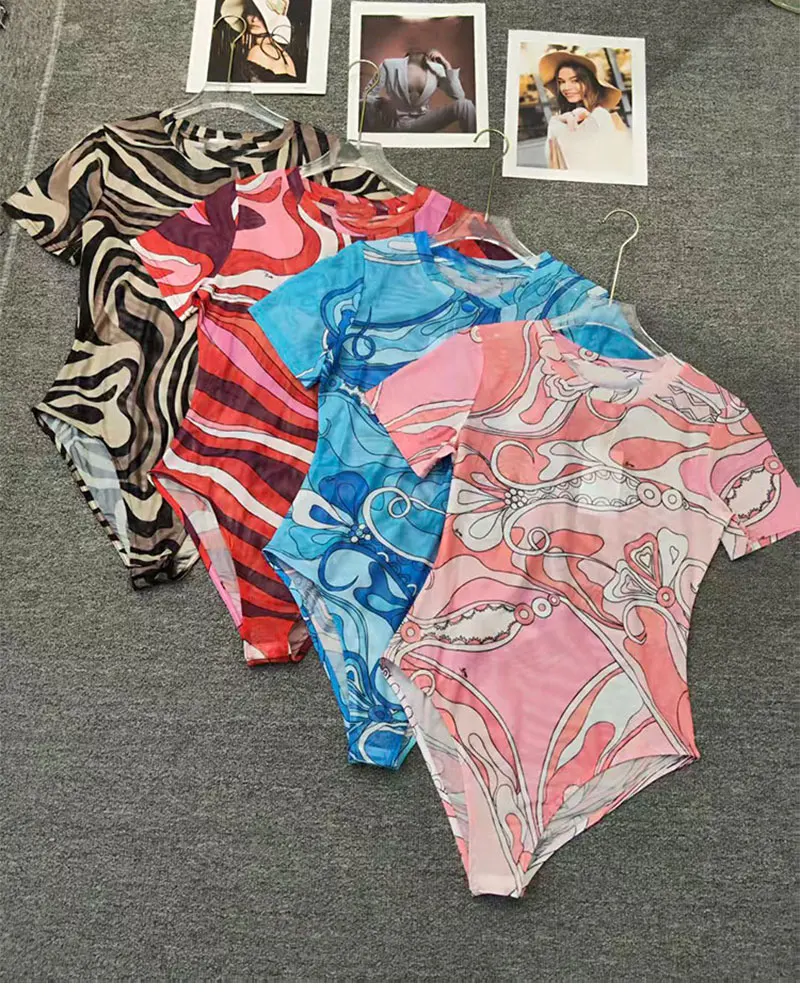 Retro Summer Women's New Short-Sleeved Slim Stretch Printed Jumpsuit Fashion Joker Tulle Perspective Gauze Temperament Top.