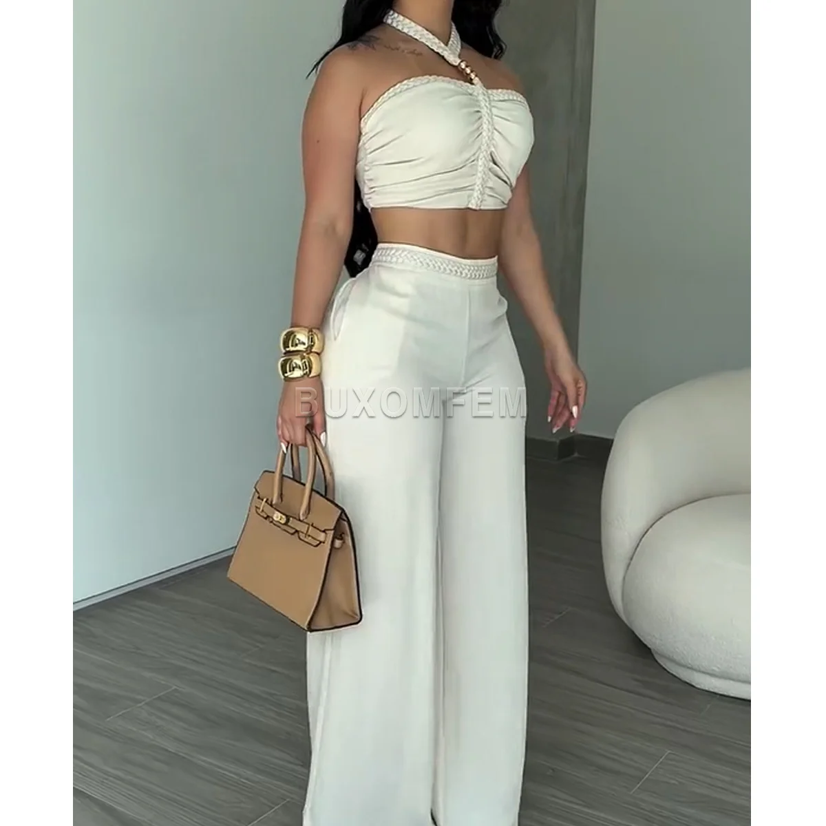 Two Piece Woven Strapless & Trimmed Flared Pants Set Women's Fashion Jumpsuits Streetwear Outfit Stylish Evening Party Clothings