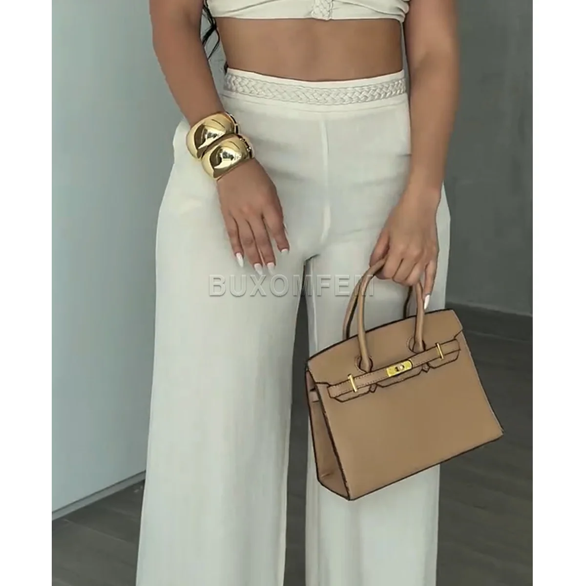 Two Piece Woven Strapless & Trimmed Flared Pants Set Women's Fashion Jumpsuits Streetwear Outfit Stylish Evening Party Clothings