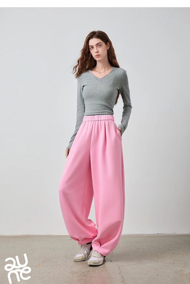 TOYOUTH Women's Rose Pink Elastic Waist Tapered Balloon Pants 2026 Autumn New Loose Fit Slimming