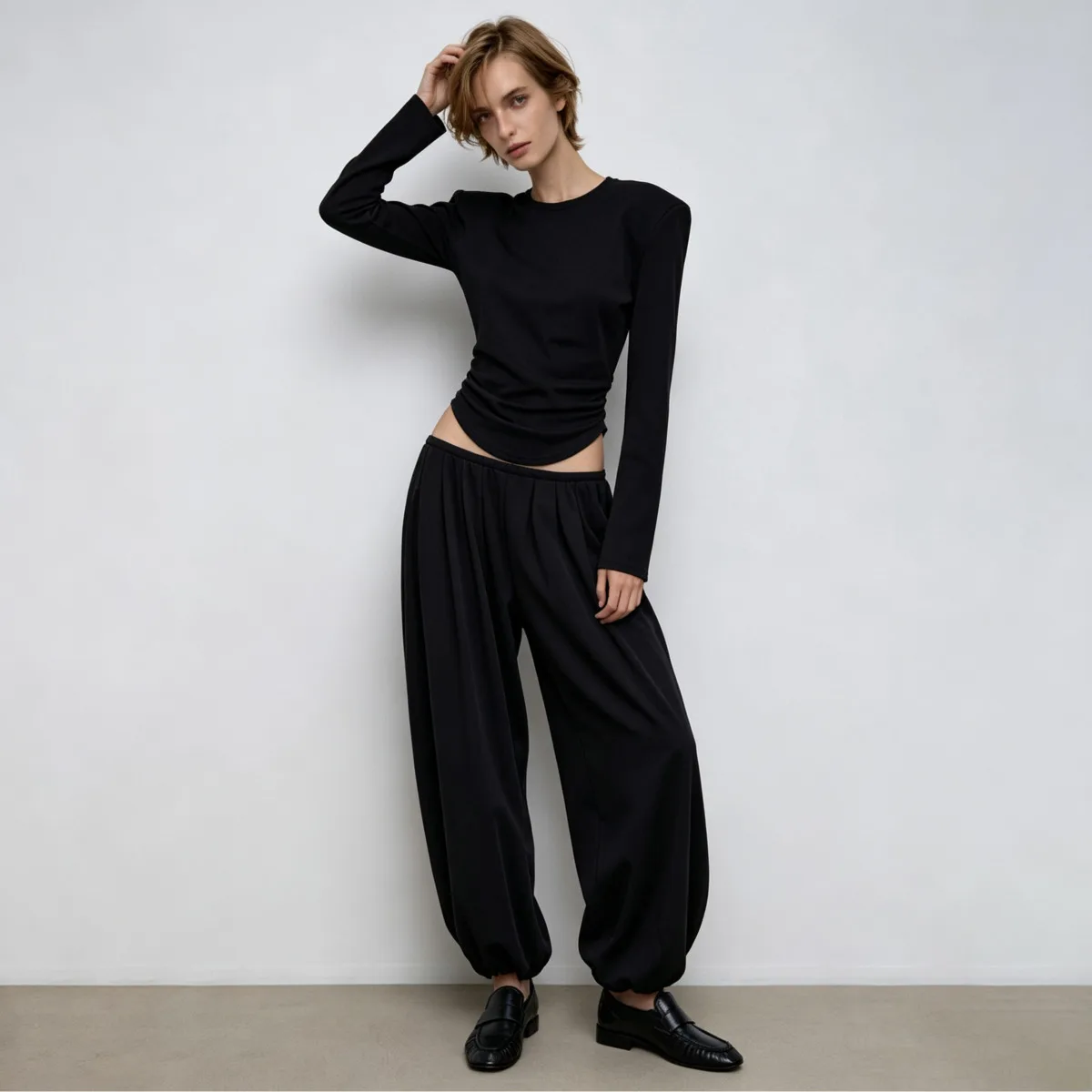 IG Women 2 Piece Matching Outfit Structured Shoulder Curved Hem Long Sleeve Top High Waist Pleated Wide Leg Pants Solid Black