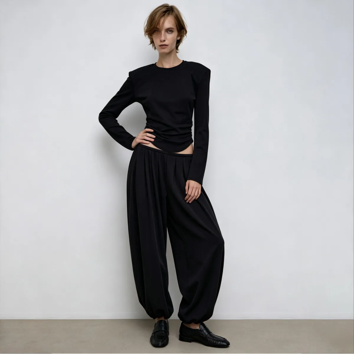 IG Women 2 Piece Matching Outfit Structured Shoulder Curved Hem Long Sleeve Top High Waist Pleated Wide Leg Pants Solid Black