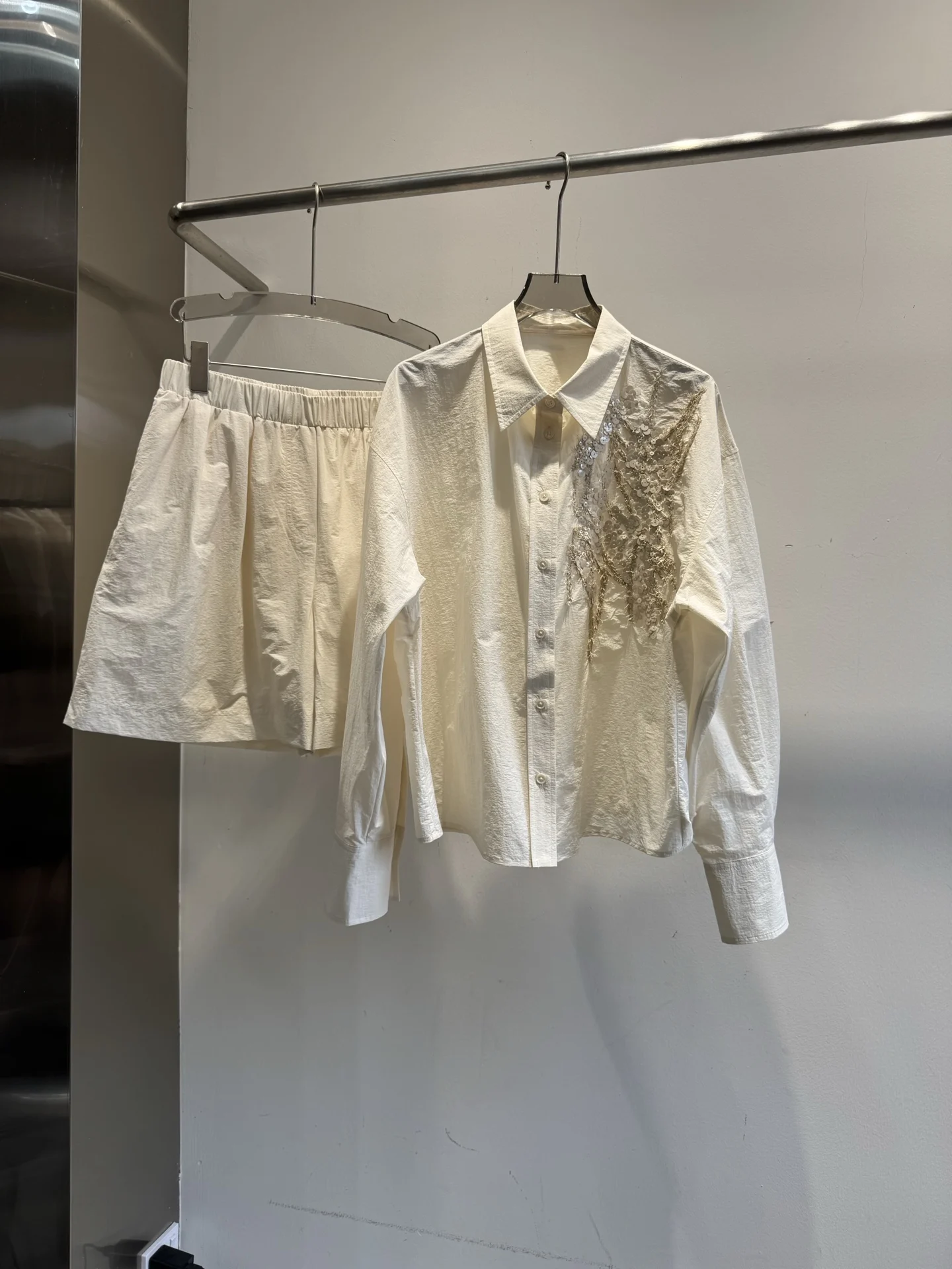 2026 Women's Summer Two-Piece Set: Embroidered Sequin Button-Down Shirt and Elastic-Waist Shorts