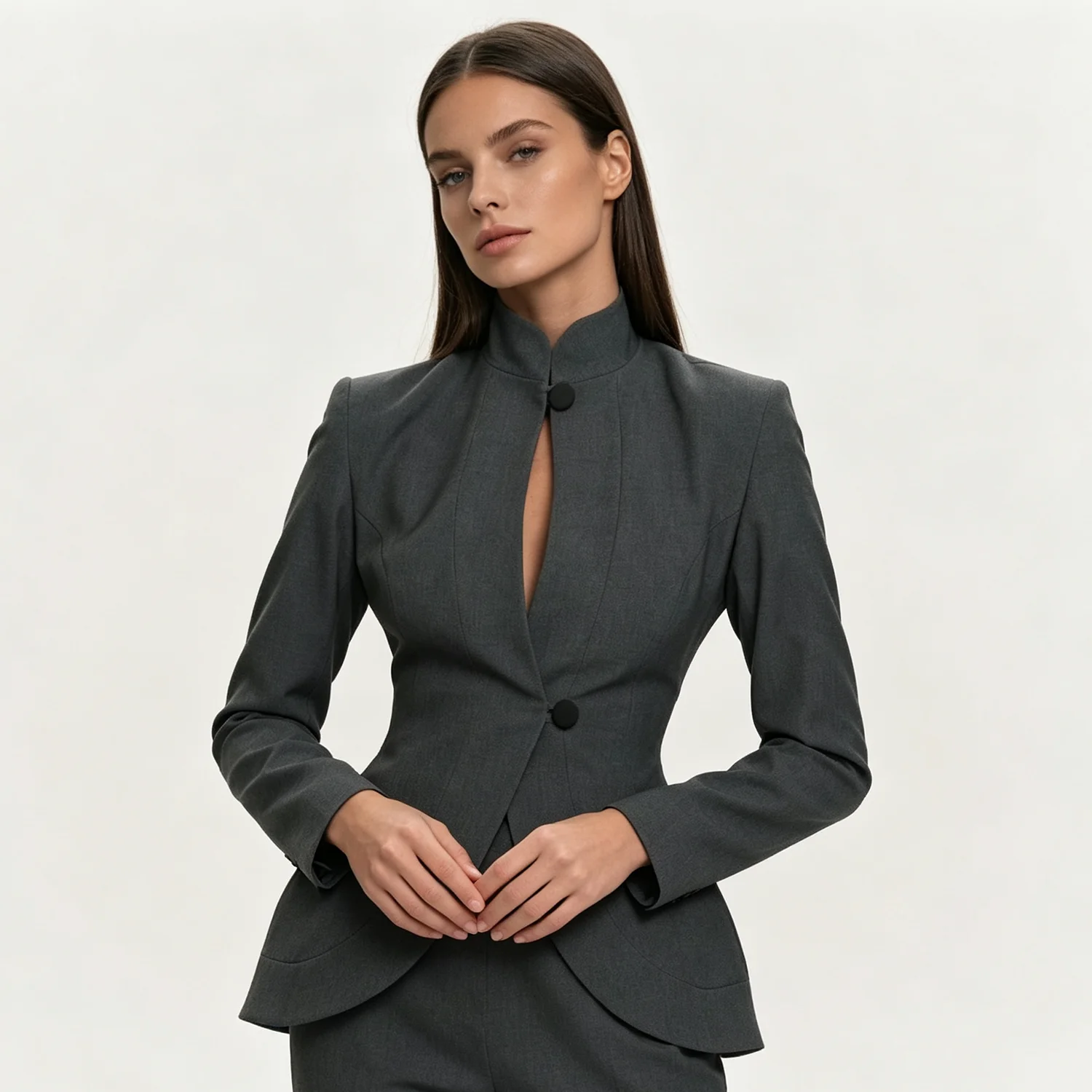 PUAL 2026 Women Stand Collar Suit Jacket, fitted peplum waist gray blazer, single button design for office formal daily outfits
