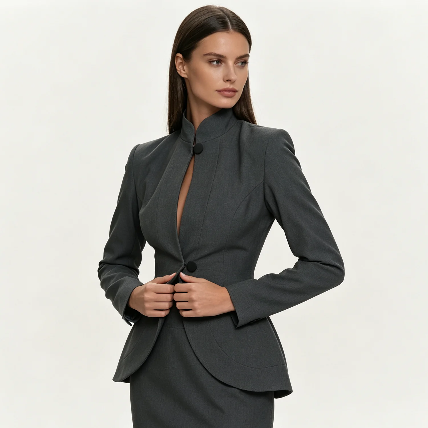 PUAL 2026 Women Stand Collar Suit Jacket, fitted peplum waist gray blazer, single button design for office formal daily outfits
