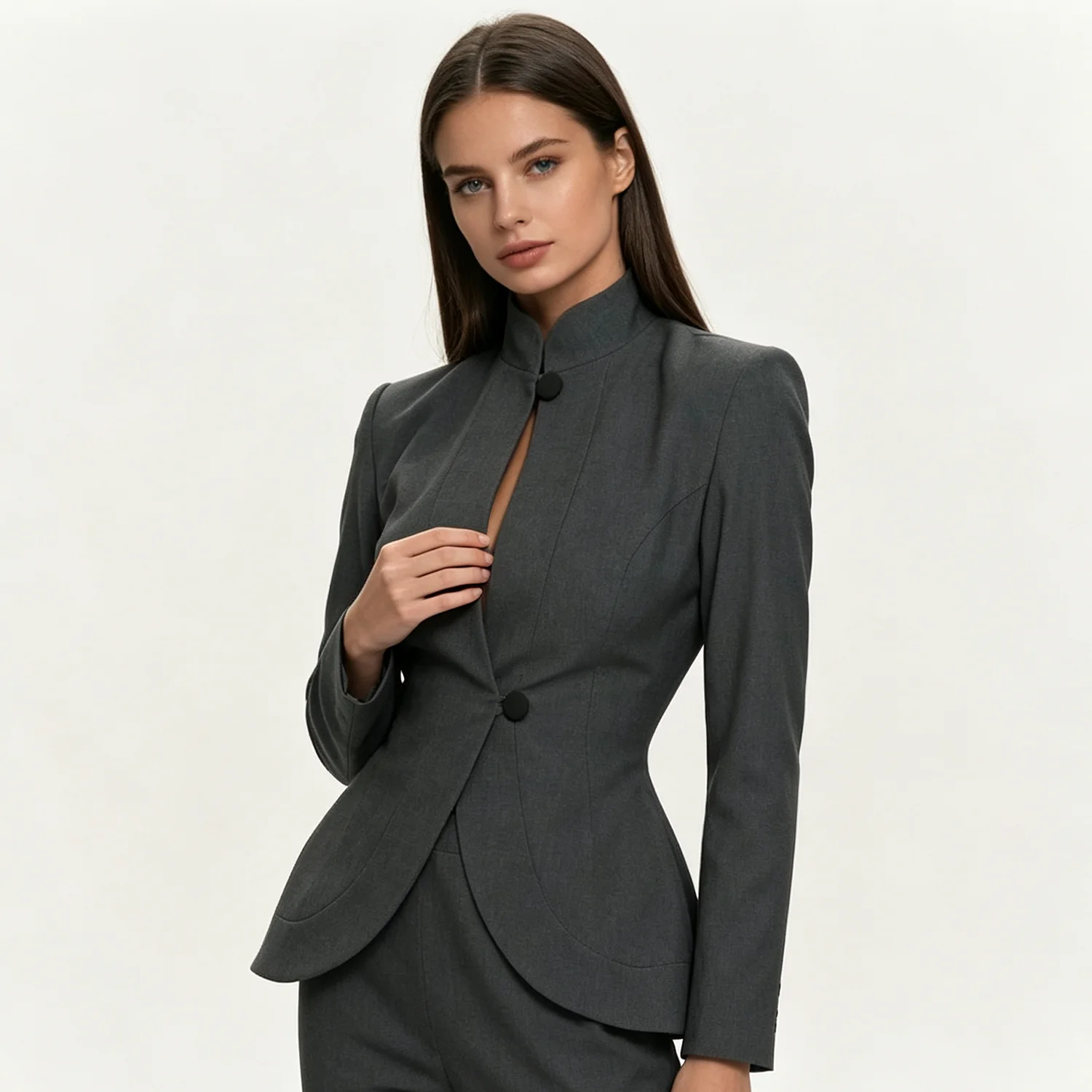 PUAL 2026 Women Stand Collar Suit Jacket, fitted peplum waist gray blazer, single button design for office formal daily outfits