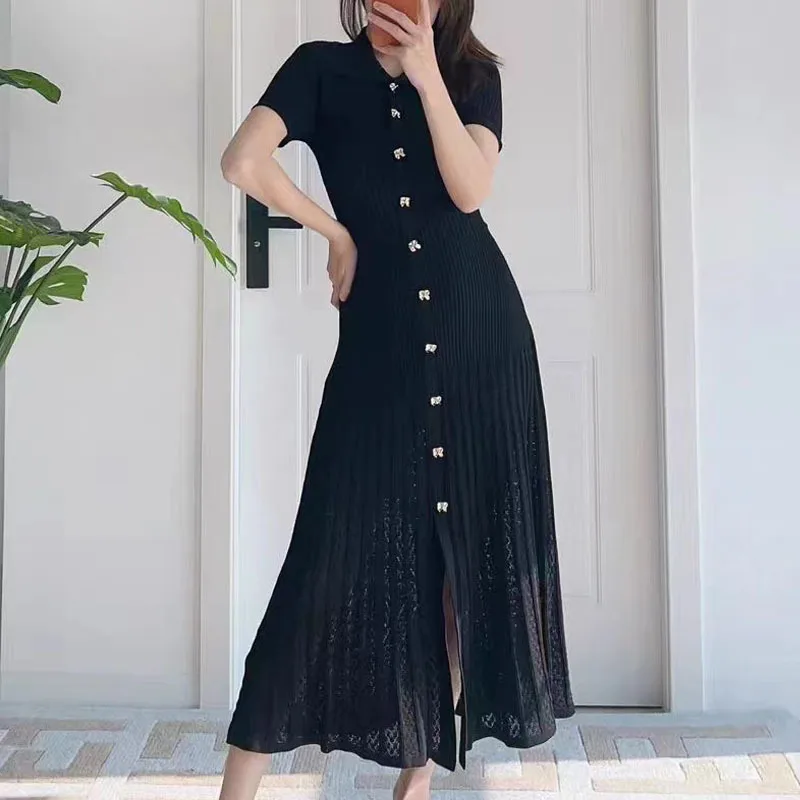 Polo Collar Pullover Temperament Hollow Knitted Long Dress for Women