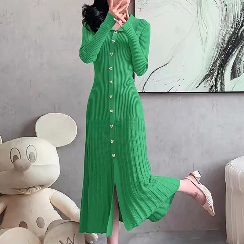 Polo Collar Pullover Temperament Hollow Knitted Long Dress for Women