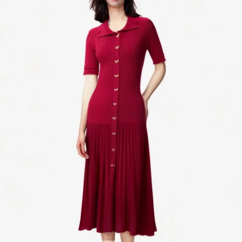 Polo Collar Pullover Temperament Hollow Knitted Long Dress for Women