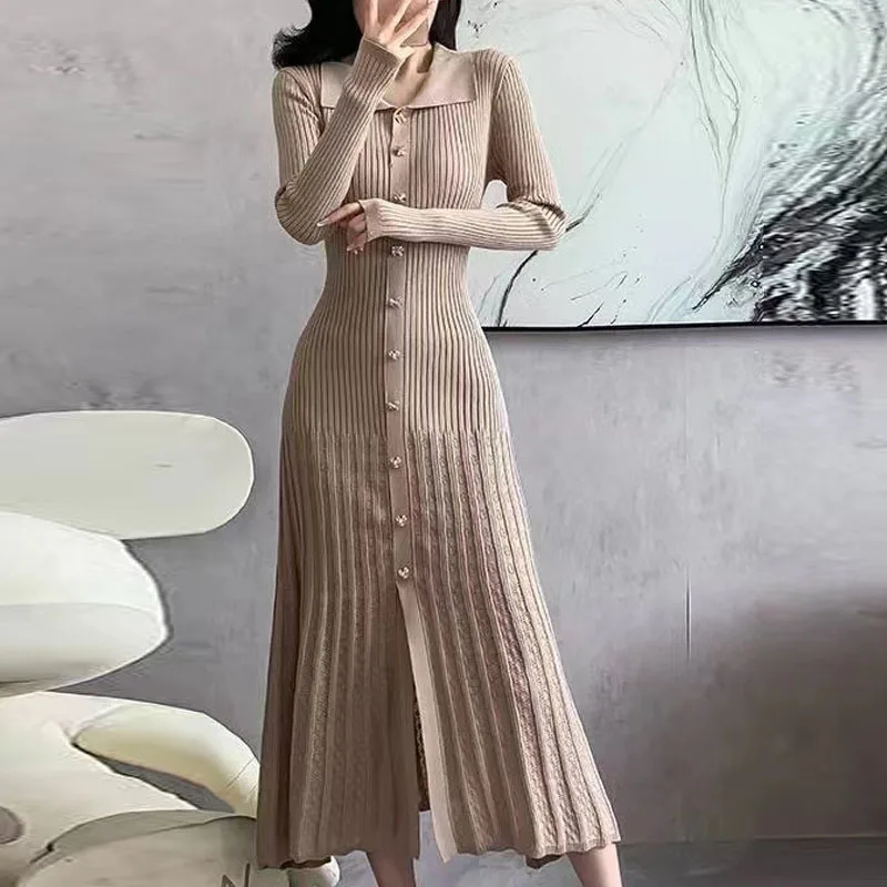 Polo Collar Pullover Temperament Hollow Knitted Long Dress for Women