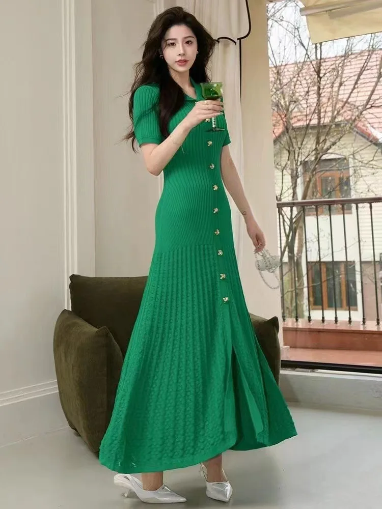 Polo Collar Pullover Temperament Hollow Knitted Long Dress for Women