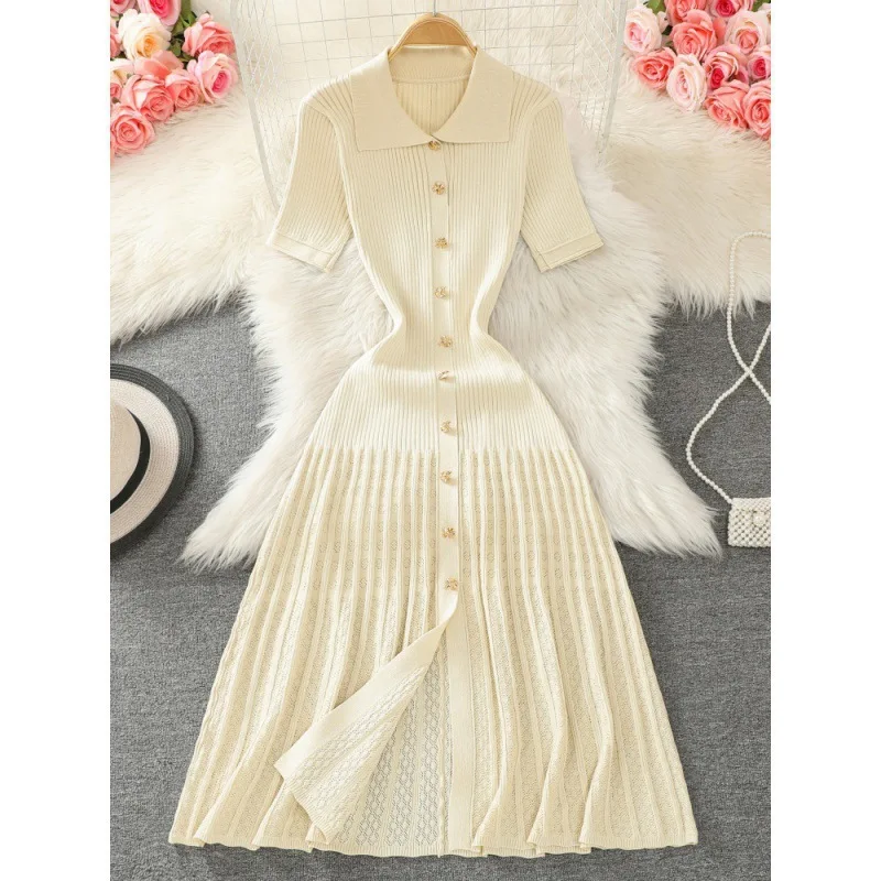 Polo Collar Pullover Temperament Hollow Knitted Long Dress for Women