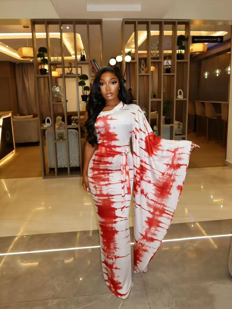 HLJ Women Floral Print One Flare Sleeve Maxi Dress Tie-dye Patchwork Mock Neck Belted Bodycon Dresses Female Party Clubwear New