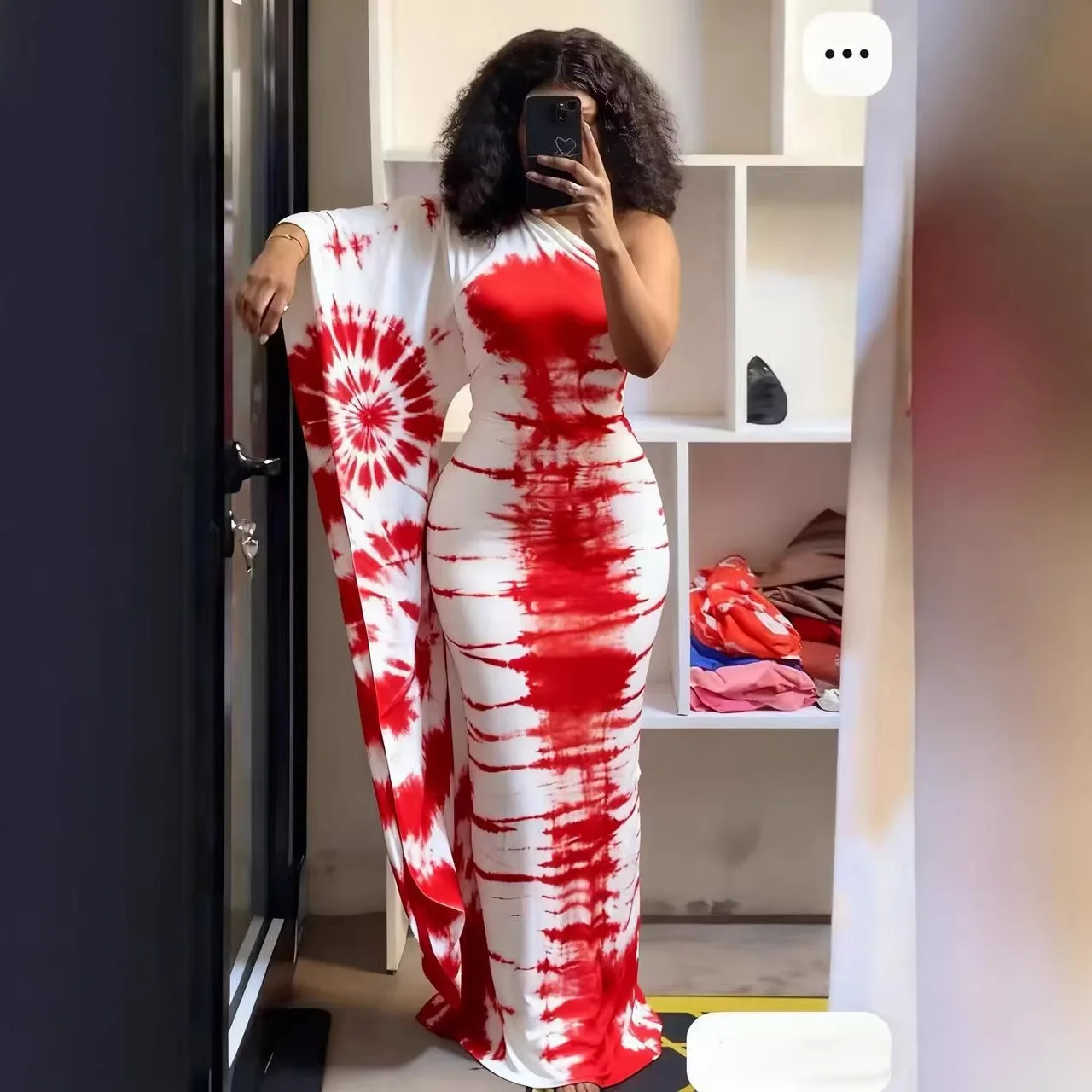 HLJ Women Floral Print One Flare Sleeve Maxi Dress Tie-dye Patchwork Mock Neck Belted Bodycon Dresses Female Party Clubwear New