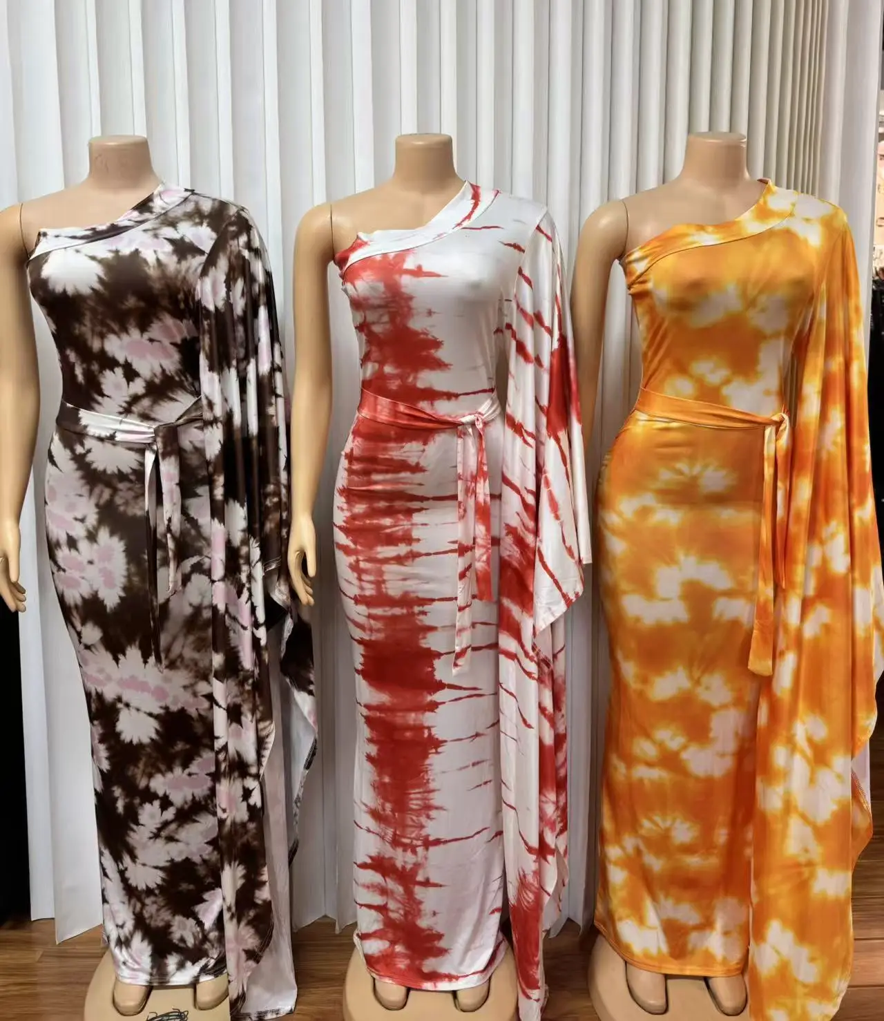HLJ Women Floral Print One Flare Sleeve Maxi Dress Tie-dye Patchwork Mock Neck Belted Bodycon Dresses Female Party Clubwear New