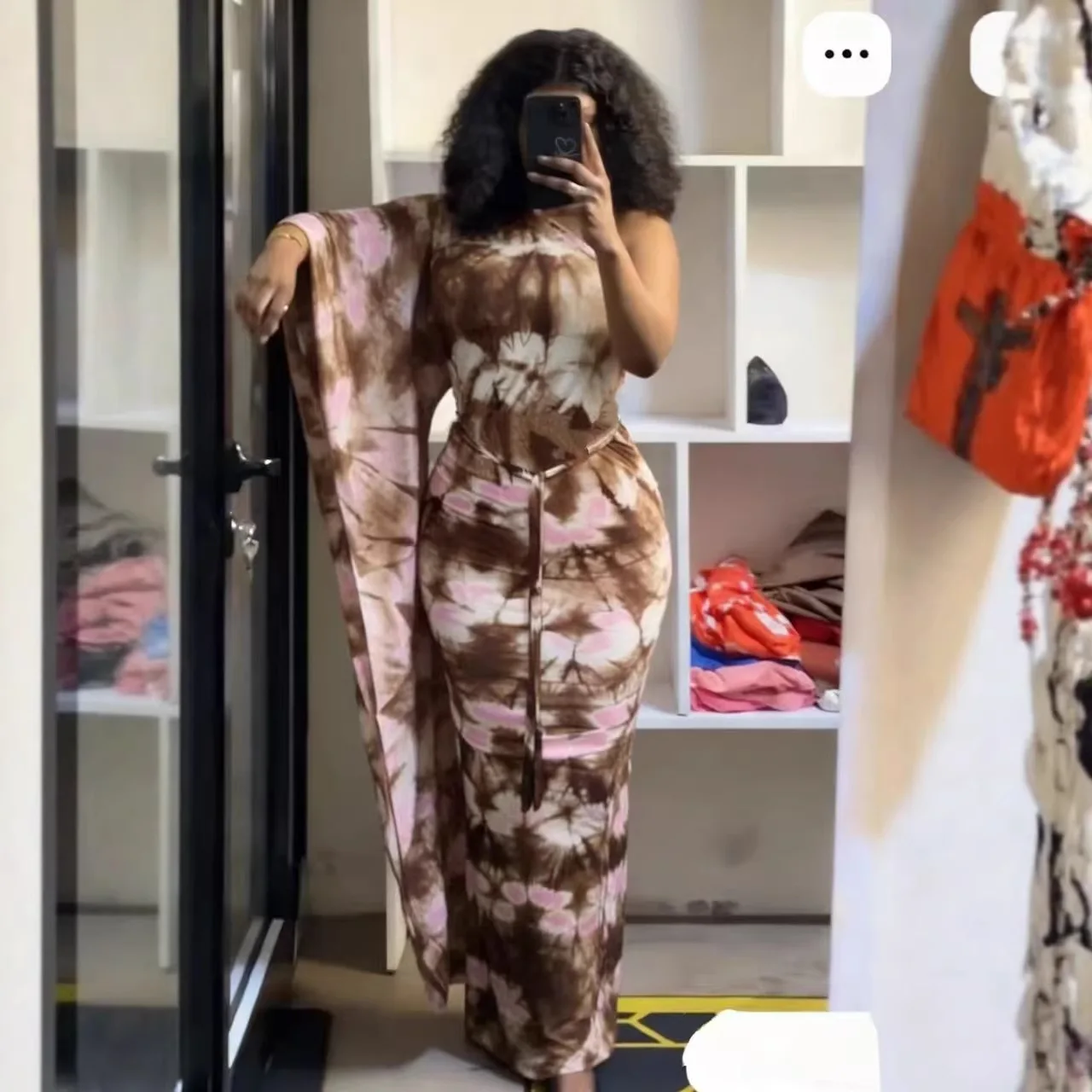 HLJ Women Floral Print One Flare Sleeve Maxi Dress Tie-dye Patchwork Mock Neck Belted Bodycon Dresses Female Party Clubwear New
