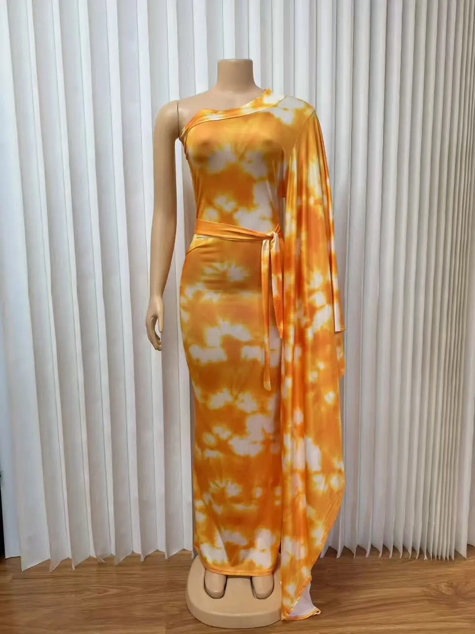 HLJ Women Floral Print One Flare Sleeve Maxi Dress Tie-dye Patchwork Mock Neck Belted Bodycon Dresses Female Party Clubwear New