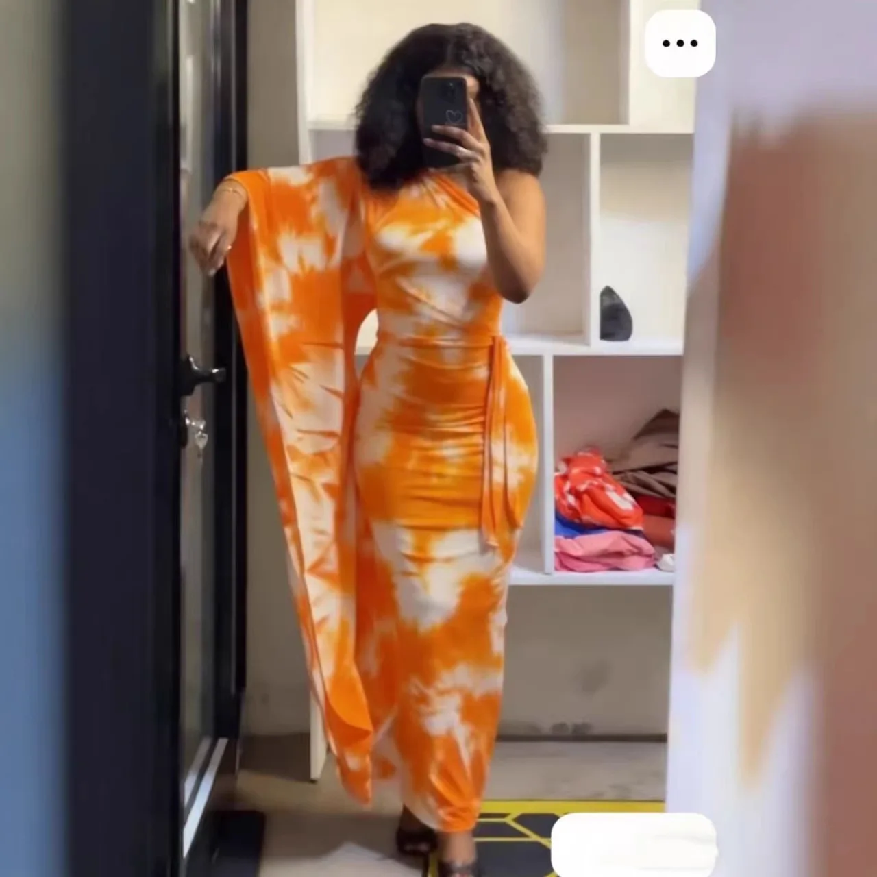 HLJ Women Floral Print One Flare Sleeve Maxi Dress Tie-dye Patchwork Mock Neck Belted Bodycon Dresses Female Party Clubwear New