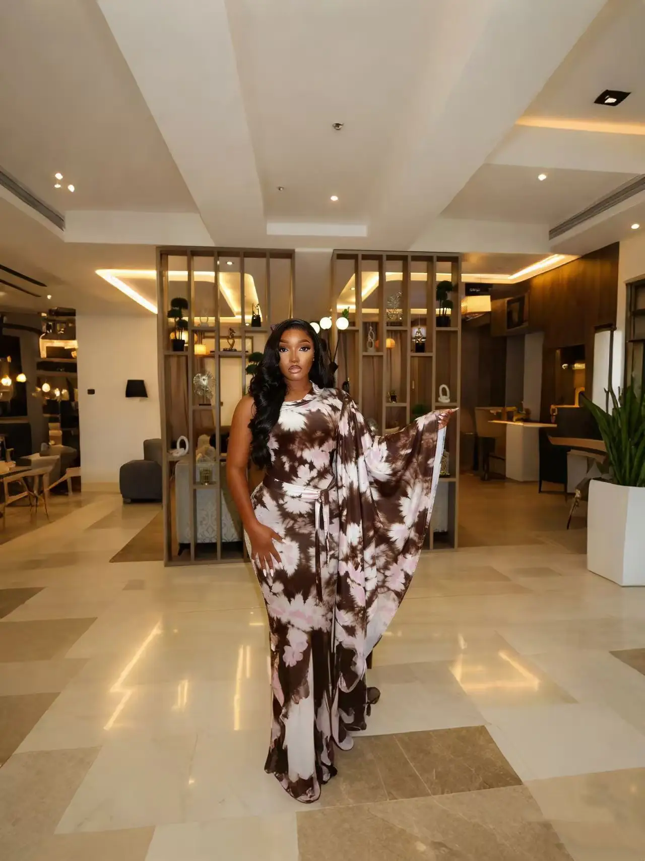 HLJ Women Floral Print One Flare Sleeve Maxi Dress Tie-dye Patchwork Mock Neck Belted Bodycon Dresses Female Party Clubwear New