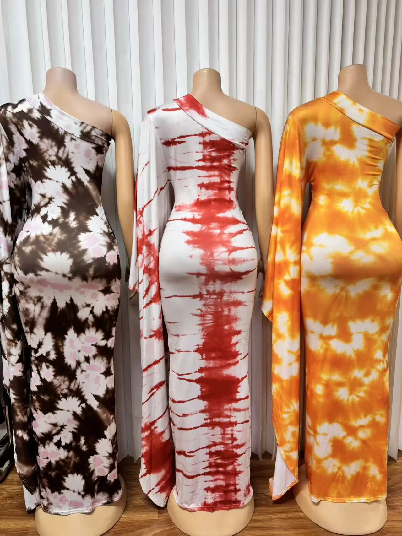 HLJ Women Floral Print One Flare Sleeve Maxi Dress Tie-dye Patchwork Mock Neck Belted Bodycon Dresses Female Party Clubwear New
