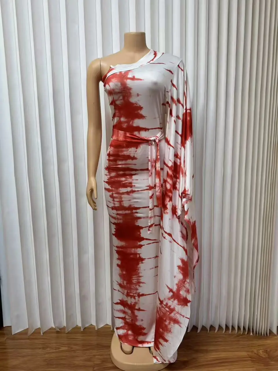 HLJ Women Floral Print One Flare Sleeve Maxi Dress Tie-dye Patchwork Mock Neck Belted Bodycon Dresses Female Party Clubwear New
