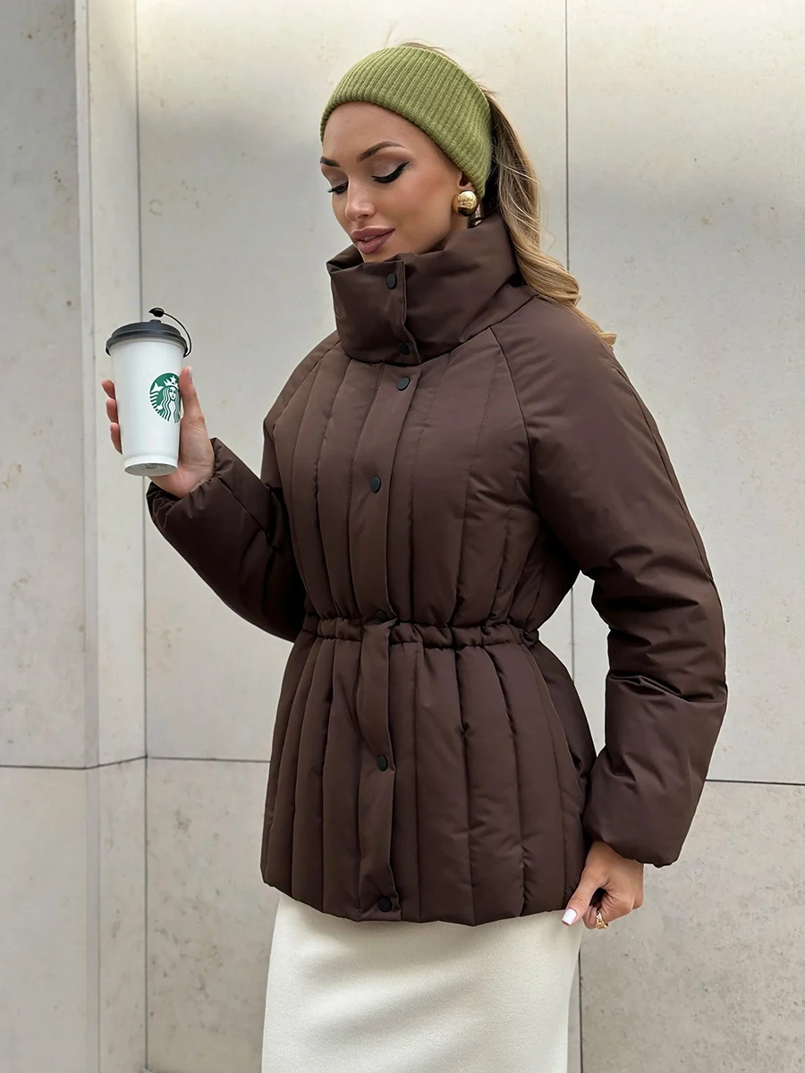 2026 Autumn Winter Women Puffer Jacket High Stand Collar Vertical Quilted Drawstring Waist Coat Brown