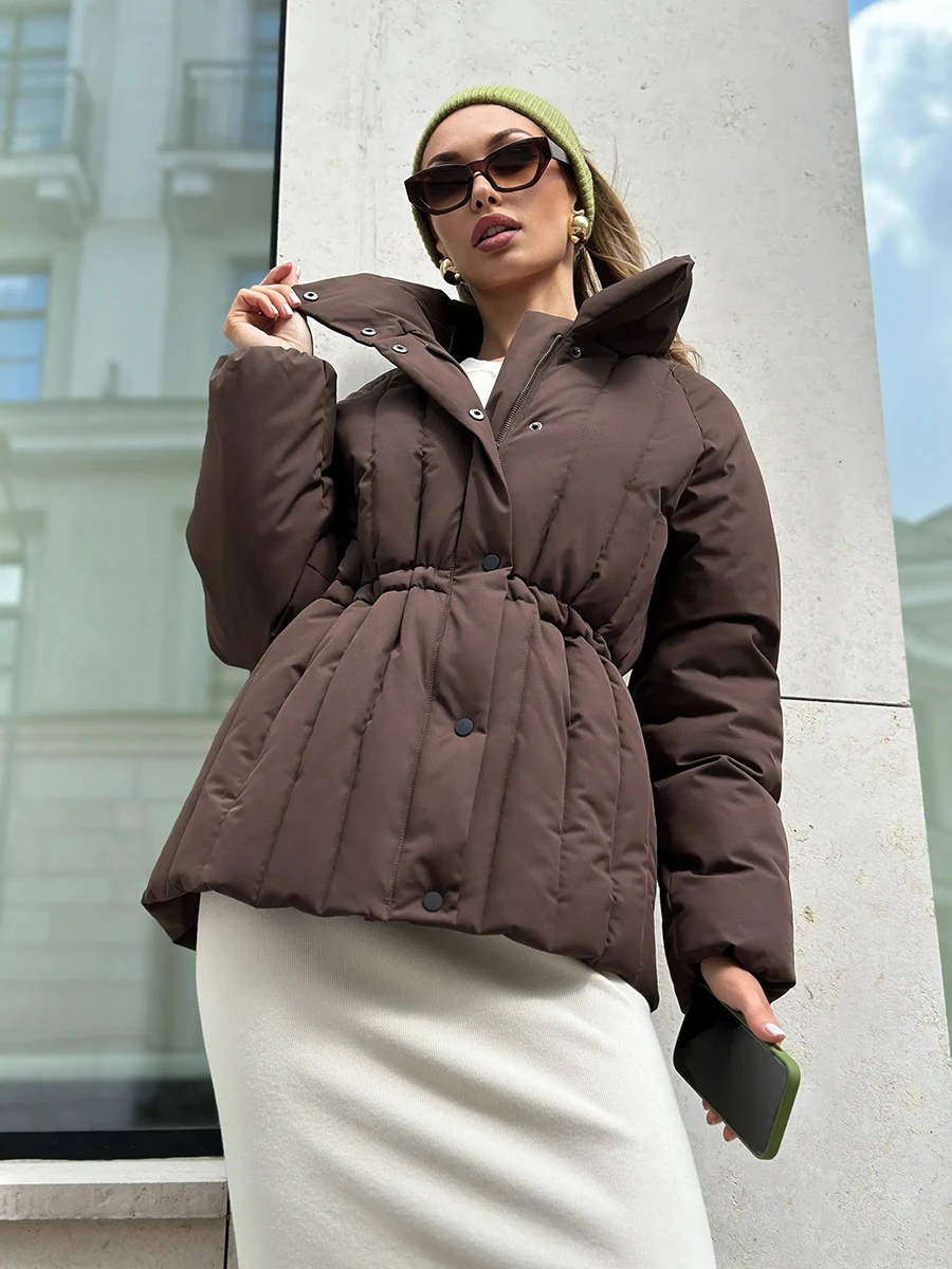 2026 Autumn Winter Women Puffer Jacket High Stand Collar Vertical Quilted Drawstring Waist Coat Brown