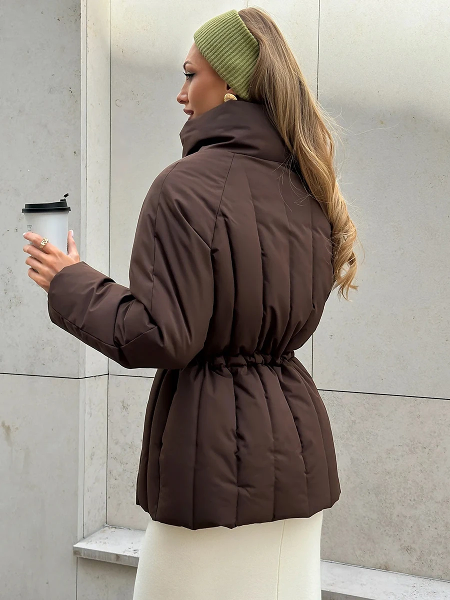 2026 Autumn Winter Women Puffer Jacket High Stand Collar Vertical Quilted Drawstring Waist Coat Brown