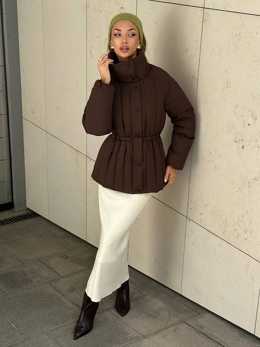 2026 Autumn Winter Women Puffer Jacket High Stand Collar Vertical Quilted Drawstring Waist Coat Brown