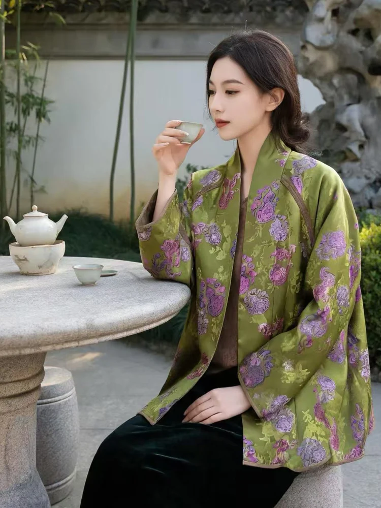 High Quality Spring and Summer NewV- Neck  Chinese Style Gourd jacquard Silk Fabric Women's Jacket M-L
