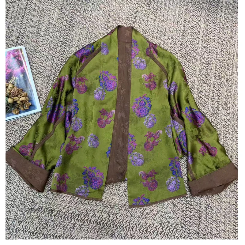 High Quality Spring and Summer NewV- Neck  Chinese Style Gourd jacquard Silk Fabric Women's Jacket M-L