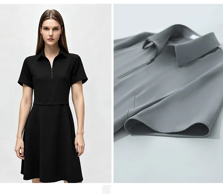 Amii Women's Casual Dresses 2026 Summer New Lapel Zip Half Placket Fitted Waist Office Short Sleeve Midi Dress Women 12642146
