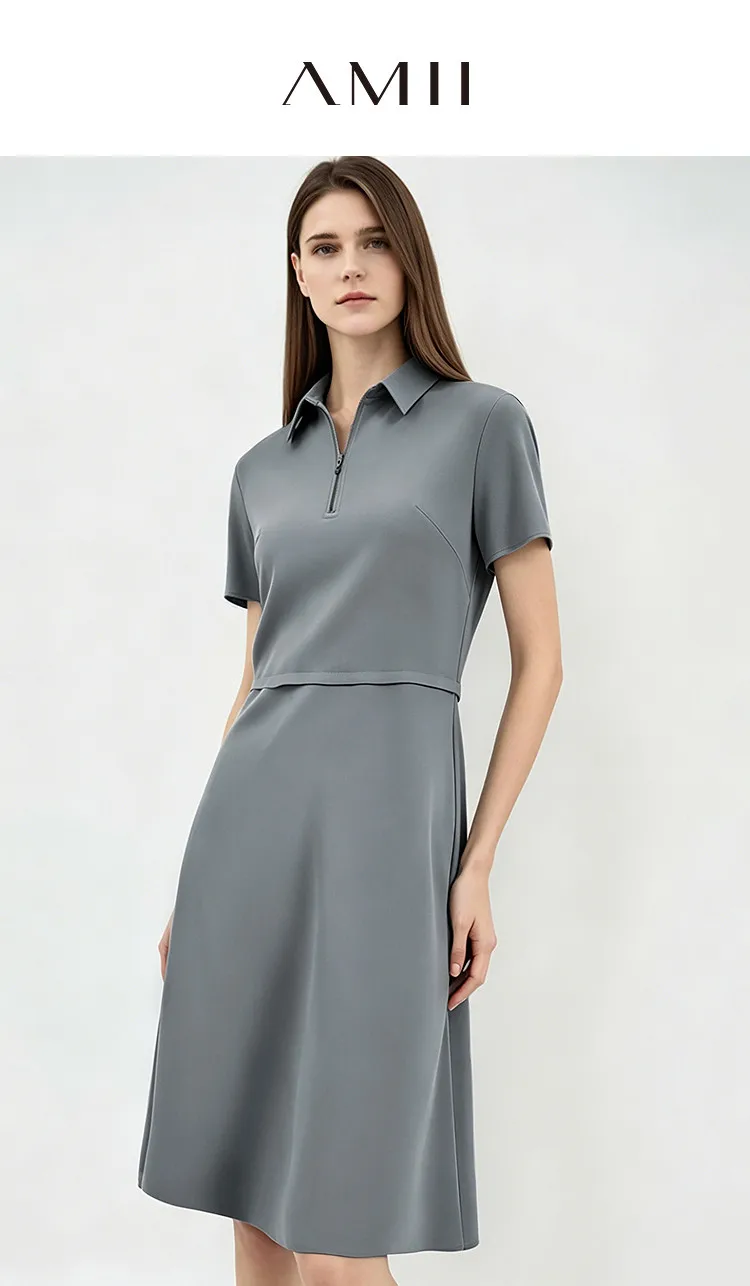Amii Women's Casual Dresses 2026 Summer New Lapel Zip Half Placket Fitted Waist Office Short Sleeve Midi Dress Women 12642146