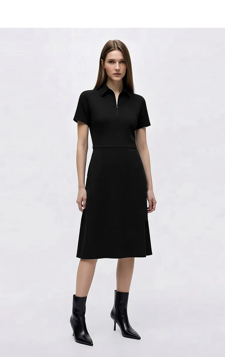 Amii Women's Casual Dresses 2026 Summer New Lapel Zip Half Placket Fitted Waist Office Short Sleeve Midi Dress Women 12642146