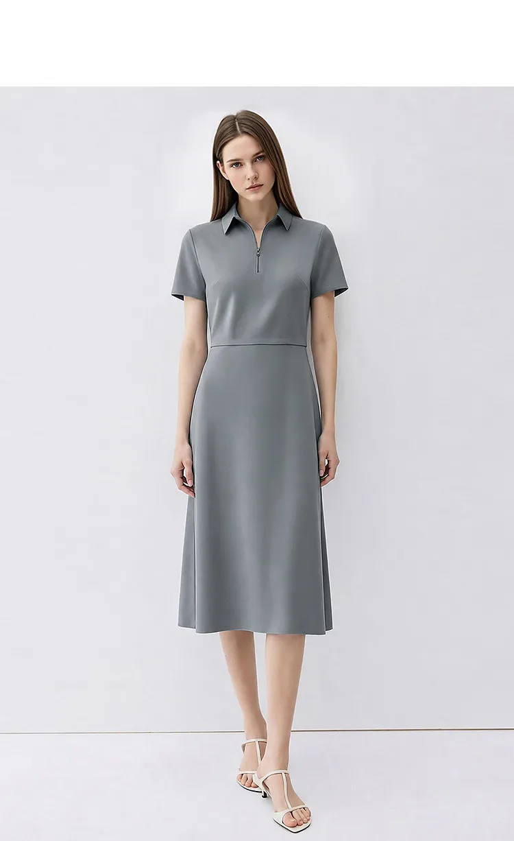 Amii Women's Casual Dresses 2026 Summer New Lapel Zip Half Placket Fitted Waist Office Short Sleeve Midi Dress Women 12642146