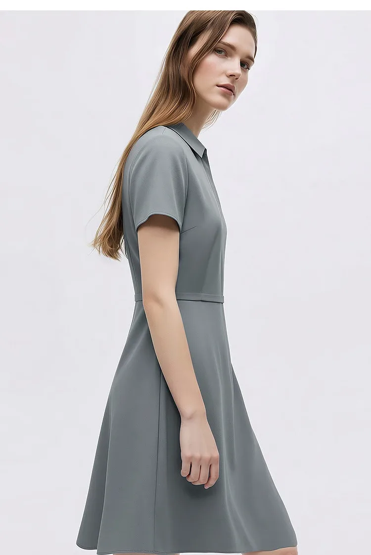 Amii Women's Casual Dresses 2026 Summer New Lapel Zip Half Placket Fitted Waist Office Short Sleeve Midi Dress Women 12642146
